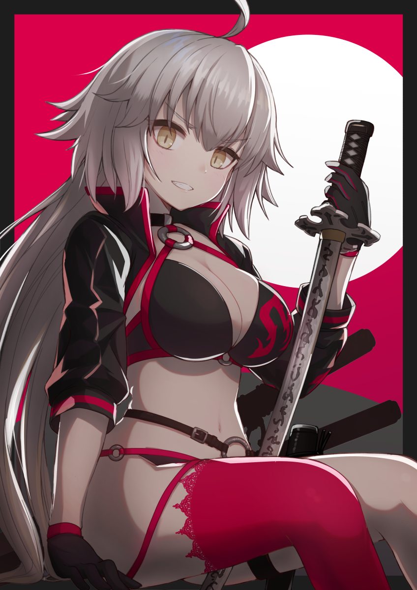 1girl ahoge bikini black_bikini black_gloves breasts commentary_request eyebrows_visible_through_hair fate/grand_order fate_(series) gloves highres holding holding_sword holding_weapon jeanne_d'arc_(alter_swimsuit_berserker) jeanne_d'arc_(fate)_(all) katana large_breasts long_hair looking_at_viewer navel o-ring o-ring_bikini red_legwear silver_hair single_thighhigh sitting solo swimsuit sword thigh-highs weapon yellow_eyes yuki_shiro