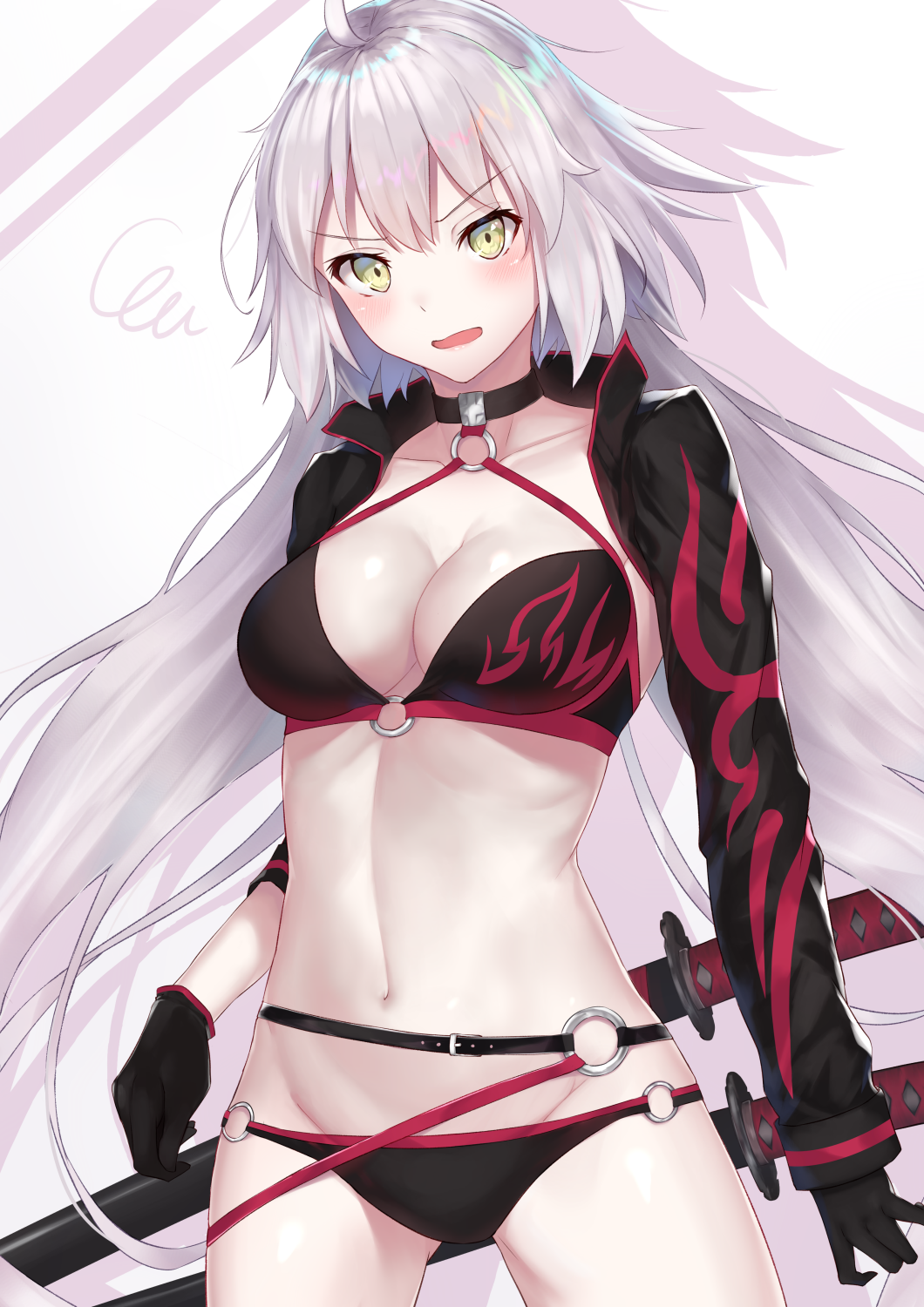 1girl ahoge bangs bikini black_belt black_bikini black_choker black_gloves black_jacket blush breasts choker cleavage collarbone cowboy_shot cropped_jacket eyebrows_visible_through_hair fate/grand_order fate_(series) gloves grey_hair groin hair_between_eyes halter_top halterneck head_tilt highres jacket jeanne_d'arc_(alter_swimsuit_berserker) jeanne_d'arc_(fate)_(all) katana large_breasts long_hair long_sleeves looking_at_viewer navel o-ring o-ring_bikini o-ring_bottom o-ring_top open_clothes open_jacket open_mouth pale_skin popped_collar print_bikini reuri_(tjux4555) scabbard sheath sheathed shiny shiny_hair sidelocks simple_background solo squiggle standing stomach swimsuit sword v-shaped_eyebrows very_long_hair weapon white_background yellow_eyes