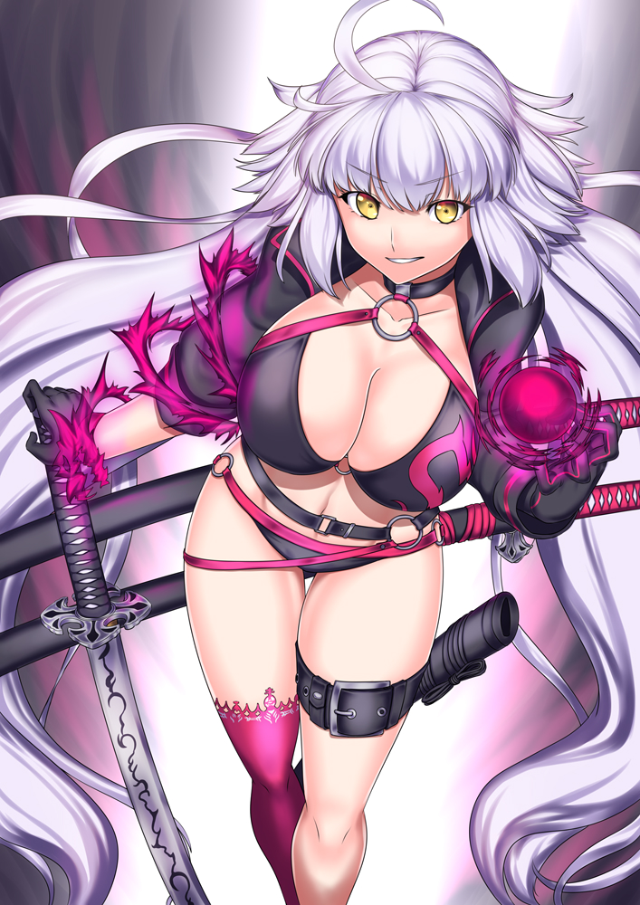 1girl ahoge aura belt bikini black_bikini black_gloves breasts commentary_request fate/grand_order fate_(series) floating_hair gloves holding holding_sword holding_weapon huge_breasts jeanne_d'arc_(alter_swimsuit_berserker) jeanne_d'arc_(fate)_(all) katana leg_belt long_hair looking_at_viewer navel o-ring o-ring_bikini parted_lips planted_sword planted_weapon scabbard sheath smile solo swimsuit sword unsheathed very_long_hair weapon white_hair yellow_eyes yui_sora