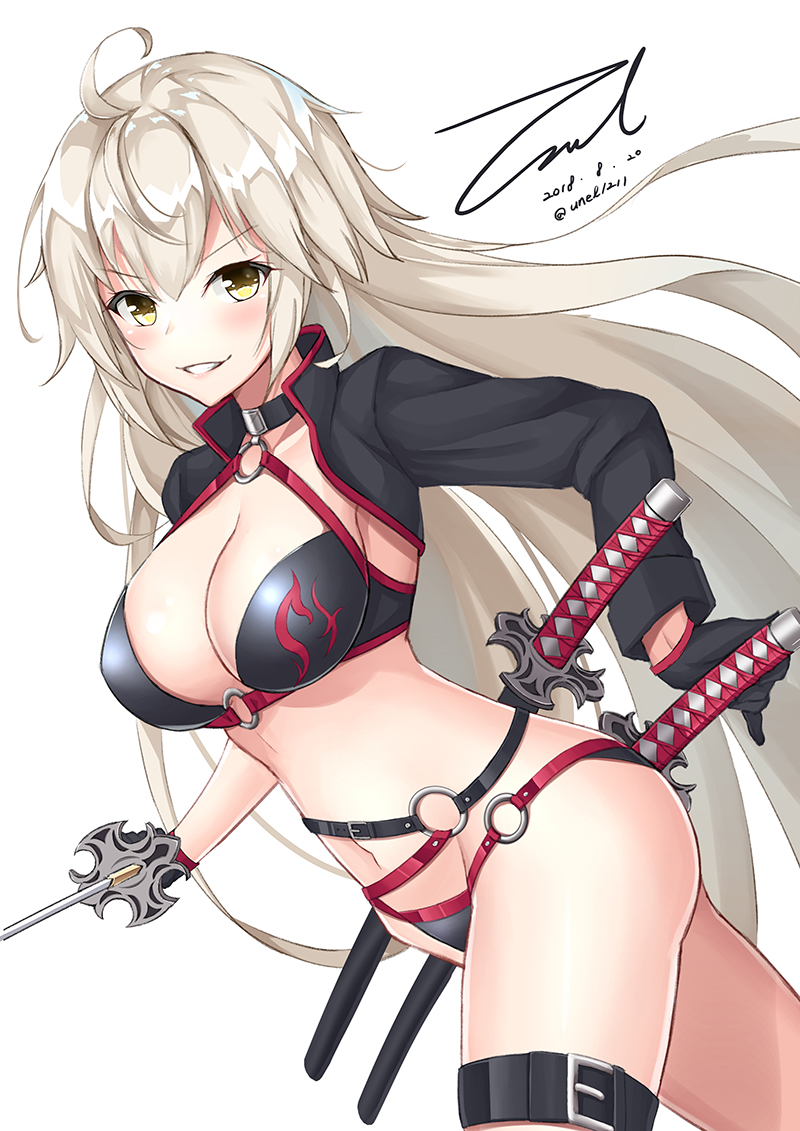 1girl ahoge bangs bikini black_bikini black_jacket blush breasts choker cleavage collarbone cropped_jacket dated eyebrows_visible_through_hair fate_(series) gloves groin hair_between_eyes holding holding_sword holding_weapon jacket jeanne_d'arc_(alter)_(fate) jeanne_d'arc_(alter_swimsuit_berserker) jeanne_d'arc_(fate)_(all) katana large_breasts long_hair looking_at_viewer messy_hair multiple_swords navel o-ring parted_lips sidelocks signature simple_background smirk solo stomach swimsuit sword thigh_strap unel very_long_hair weapon white_background yellow_eyes