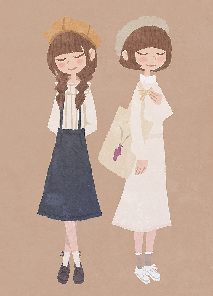 2girls arm_at_side arms_behind_back bag bangs beige_dress beret blue_skirt blunt_bangs blush_stickers braid brown_background brown_hair closed_eyes closed_mouth collared_dress crossed_ankles denim denim_skirt dress full_body hand_up hat hyogonosuke light_brown_background long_hair long_sleeves low_twintails multiple_girls original ribbon sepia_background shirt shoes short_hair shoulder_bag simple_background skirt smile socks standing suspender_skirt suspenders twin_braids twintails white_footwear