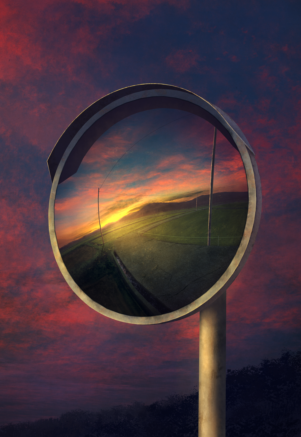 blue_sky clouds cloudy_sky commentary_request field highres mks no_humans original outdoors power_lines red_sky reflection road rural scenery sky street sunset telephone_pole traffic_mirror