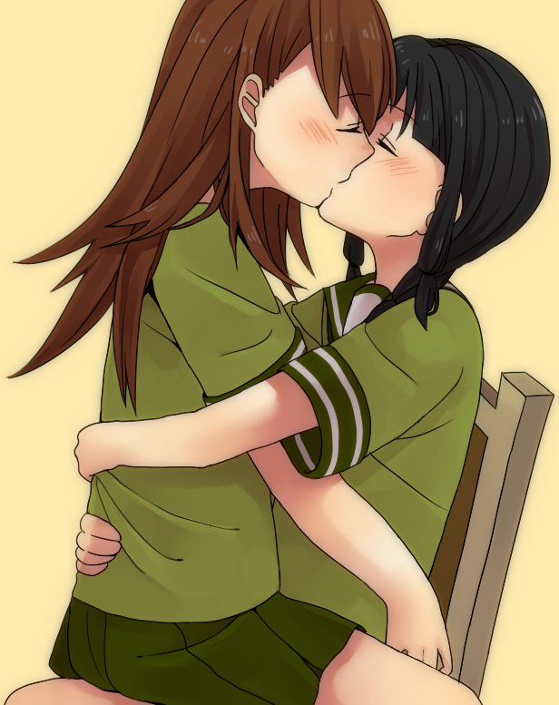 2girls bangs black_hair blush brown_hair chair closed_eyes commentary facing_another green_skirt hug kantai_collection kiss kitakami_(kantai_collection) long_hair multiple_girls nagisa_(12363) ooi_(kantai_collection) pleated_skirt sailor_collar short_sleeves sitting sitting_on_lap sitting_on_person skirt yellow_background yuri