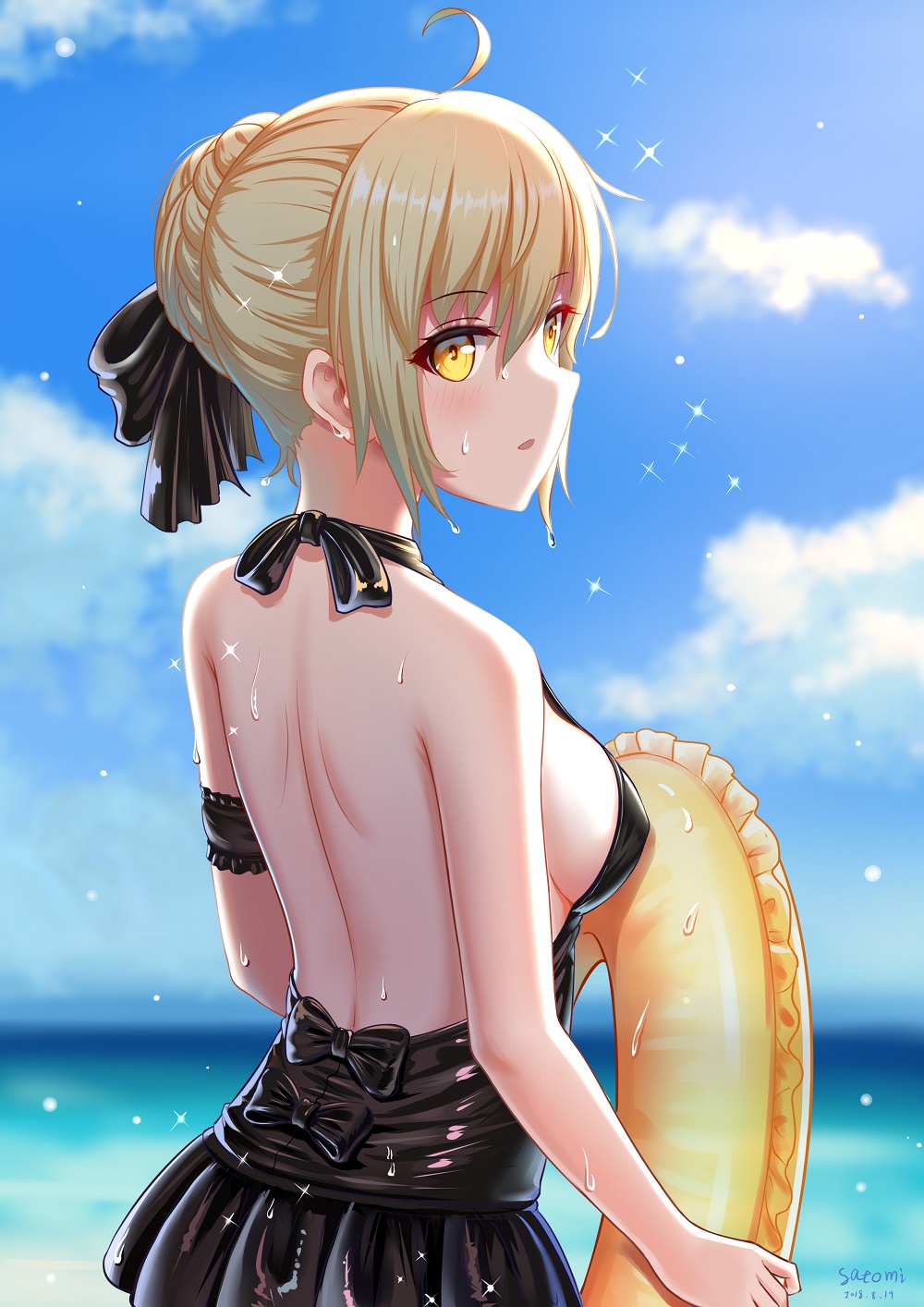 1girl ahoge arm_garter artoria_pendragon_(all) artoria_pendragon_(swimsuit_rider_alter) backless_outfit black_swimsuit blonde_hair blue_sky blurry blurry_background bow braid breasts clouds dated day eyebrows_visible_through_hair fate/grand_order fate_(series) french_braid from_behind hair_bow halterneck highres looking_at_viewer looking_back medium_breasts one-piece_swimsuit saber_alter satomi_(745684552) signature sky solo swimsuit yellow_eyes