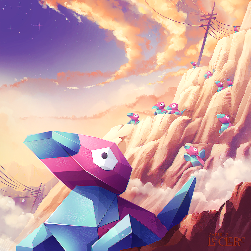 artist_name bird cloud commentary creature creatures_(company) english_commentary game_freak gen_1_pokemon looking_away looking_up magochocobo mountain nintendo no_humans outdoors perspective pokemon pokemon_(creature) porygon power_lines signature sky star_(sky) starry_sky sunset telephone_pole