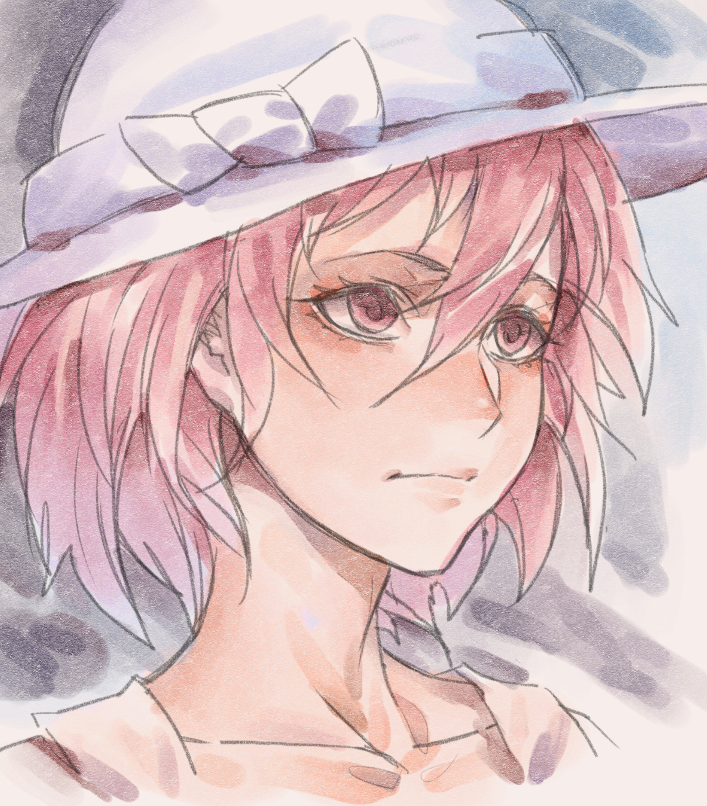 1girl bow closed_mouth dress hair_between_eyes hat hat_bow looking_away original pink_eyes pink_hair portrait sketch solo sun_hat sundress white_bow white_hat zakusi