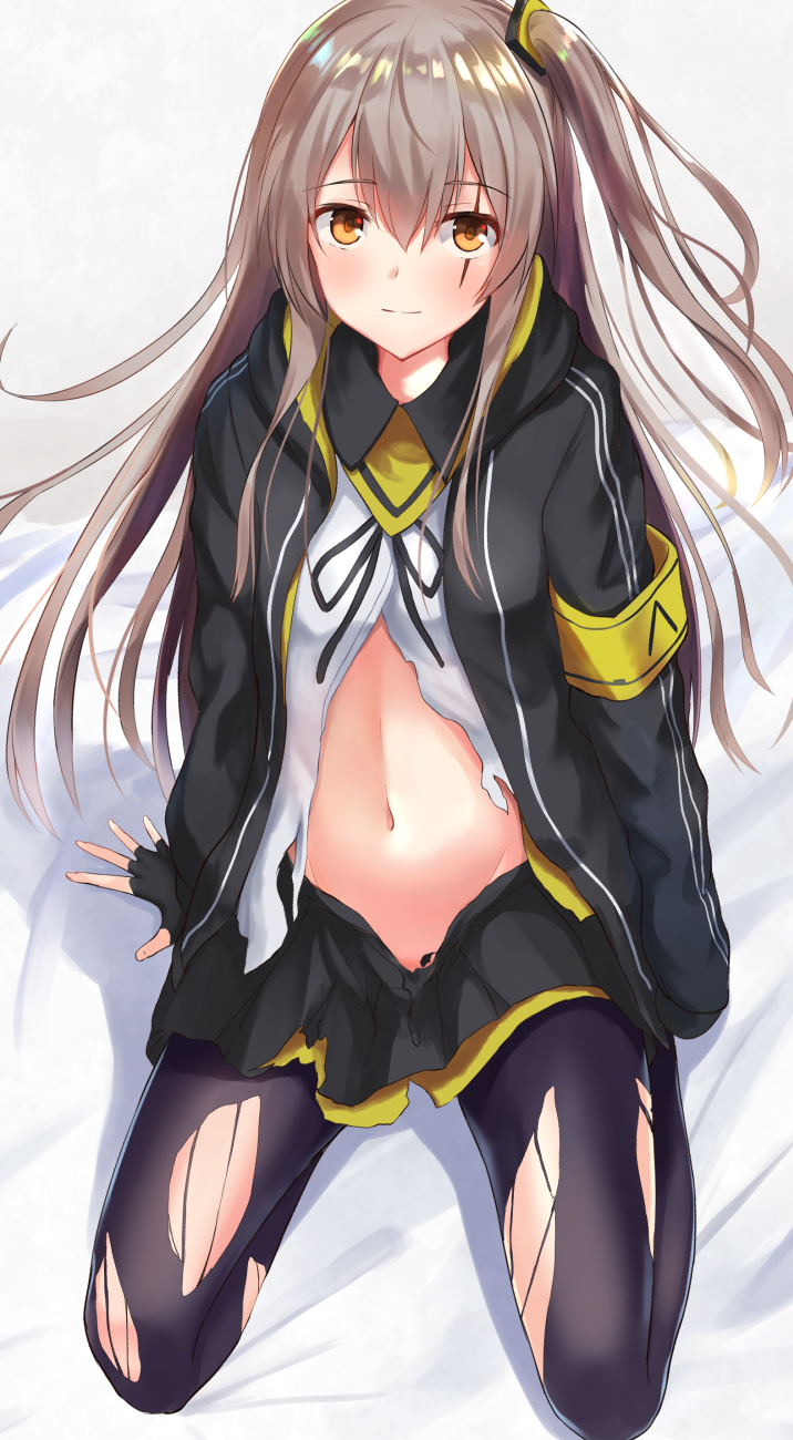 1girl akabane_hibame armband bangs bed_sheet black_legwear black_ribbon black_skirt blush brown_hair closed_mouth eyebrows_visible_through_hair fingerless_gloves girls_frontline gloves hair_between_eyes hair_ornament highres hood hood_down hooded_jacket jacket long_hair long_sleeves looking_at_viewer navel neck_ribbon one_side_up open_clothes open_jacket open_shirt pantyhose pleated_skirt ribbon scar scar_across_eye seiza shirt sidelocks sitting skirt smile stomach torn_clothes torn_pantyhose torn_shirt ump45_(girls_frontline) white_shirt yellow_eyes