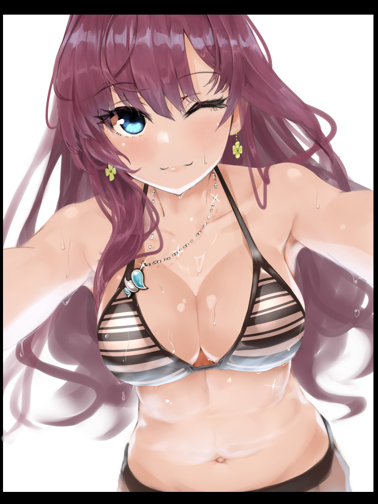 1girl bangs bare_shoulders bikini blue_eyes blush breasts brown_hair cleavage closed_mouth collarbone earrings eyebrows_visible_through_hair hair_between_eyes ichinose_shiki idolmaster idolmaster_cinderella_girls jewelry large_breasts lips long_hair looking_at_viewer miyako_(miyako_lplover) navel necklace one_eye_closed simple_background smile solo striped striped_bikini swimsuit wavy_hair wet white_background