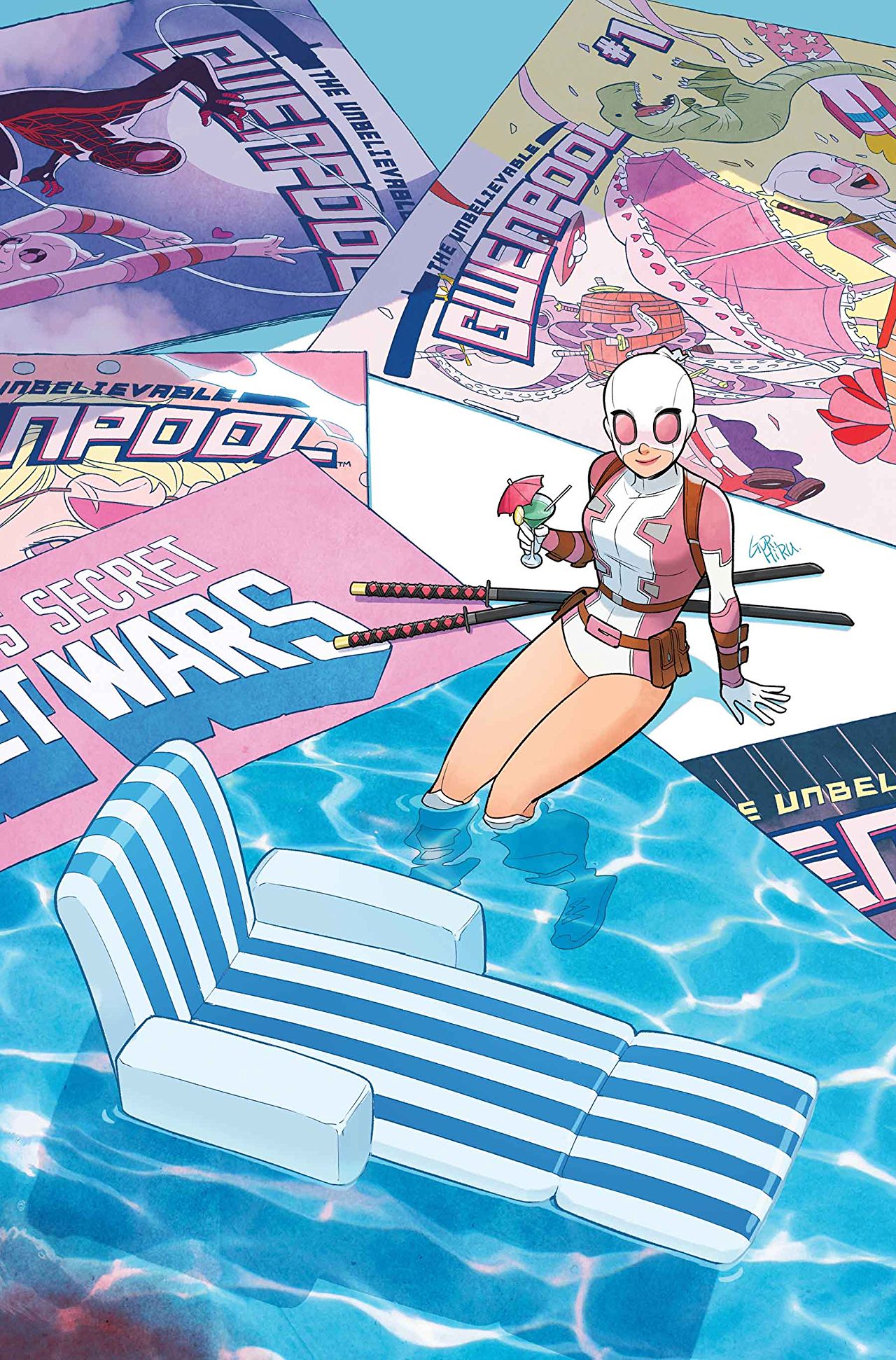 1girl artist_name barrel cocktail cocktail_glass cocktail_umbrella cover cover_page cup dinosaur drink drinking_glass ground_vehicle gurihiru gwen_poole gwenpool heart highres katana lips looking_at_viewer manga_(object) marvel mask miles_morales motor_vehicle octopus official_art partially_submerged pouch rocket signature sitting smile solo spider-man_(miles_morales) spider-man_(series) superhero sword truck umbrella weapon