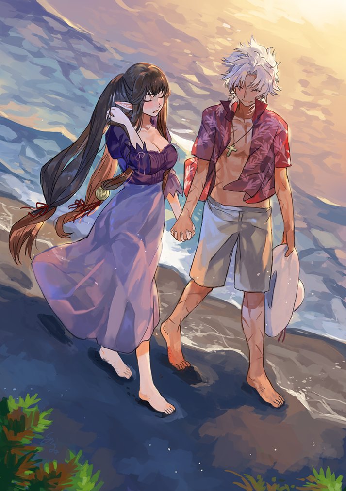 1boy 1girl alternate_costume amakusa_shirou_(fate) barefoot beach black_hair blush breasts cleavage closed_eyes commentary_request cross cross_necklace dark_skin fate/apocrypha fate_(series) floral_print hand_holding jewelry large_breasts long_hair necklace ocean outdoors pointy_ears sand semiramis_(fate) smile very_long_hair water white_hair yinghuo