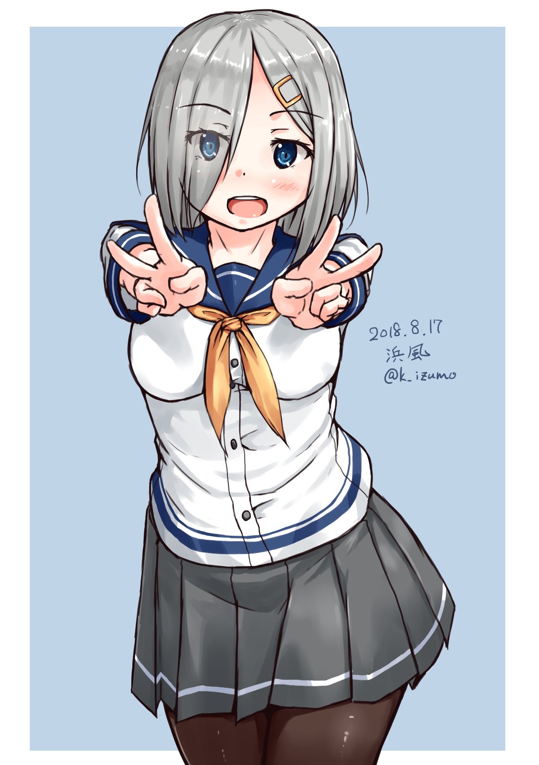 1girl blue_background blue_eyes breasts brown_legwear commentary_request cowboy_shot double_v eyes_visible_through_hair grey_skirt hair_ornament hair_over_one_eye hairclip hamakaze_(kantai_collection) highres izumo_konata kantai_collection large_breasts looking_at_viewer neckerchief pantyhose pleated_skirt school_uniform serafuku short_hair short_sleeves silver_hair skirt solo standing two-tone_background v yellow_neckwear