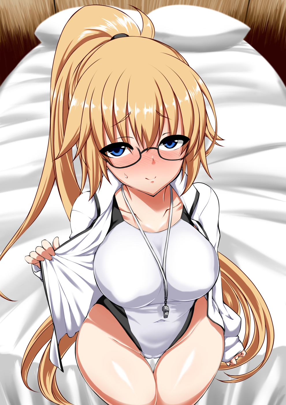 1girl bed black-framed_eyewear blonde_hair blue_eyes blush commentary_request competition_swimsuit fate/grand_order fate_(series) full-face_blush glasses highres holding holding_jacket jacket jeanne_d'arc_(swimsuit_archer) long_hair looking_at_viewer on_bed one-piece_swimsuit open_clothes open_jacket pillow ponytail semi-rimless_eyewear sitting sitting_on_bed smile solo suiruu_(yuriusu) sweatdrop swimsuit thigh_gap under-rim_eyewear very_long_hair whistle whistle_around_neck