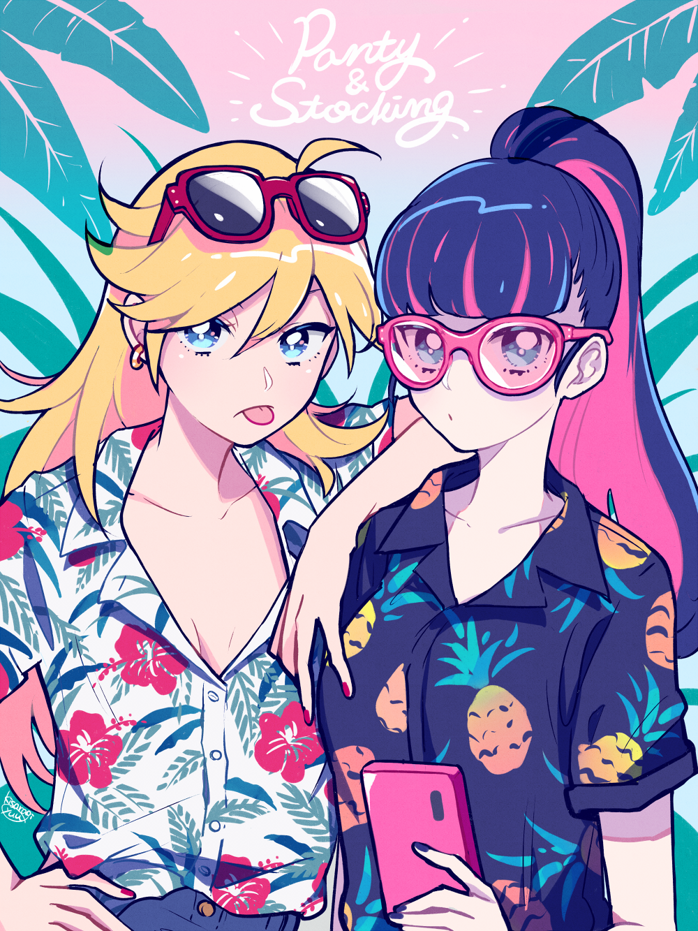 2girls :p alternate_hairstyle blonde_hair breasts cellphone cleavage collarbone commentary_request hawaiian_shirt highres kisaragi_yuu_(fallen_sky) multicolored_hair multiple_girls nail_polish panty_&amp;_stocking_with_garterbelt panty_(psg) phone ponytail shirt stocking_(psg) sunglasses tongue tongue_out two-tone_hair