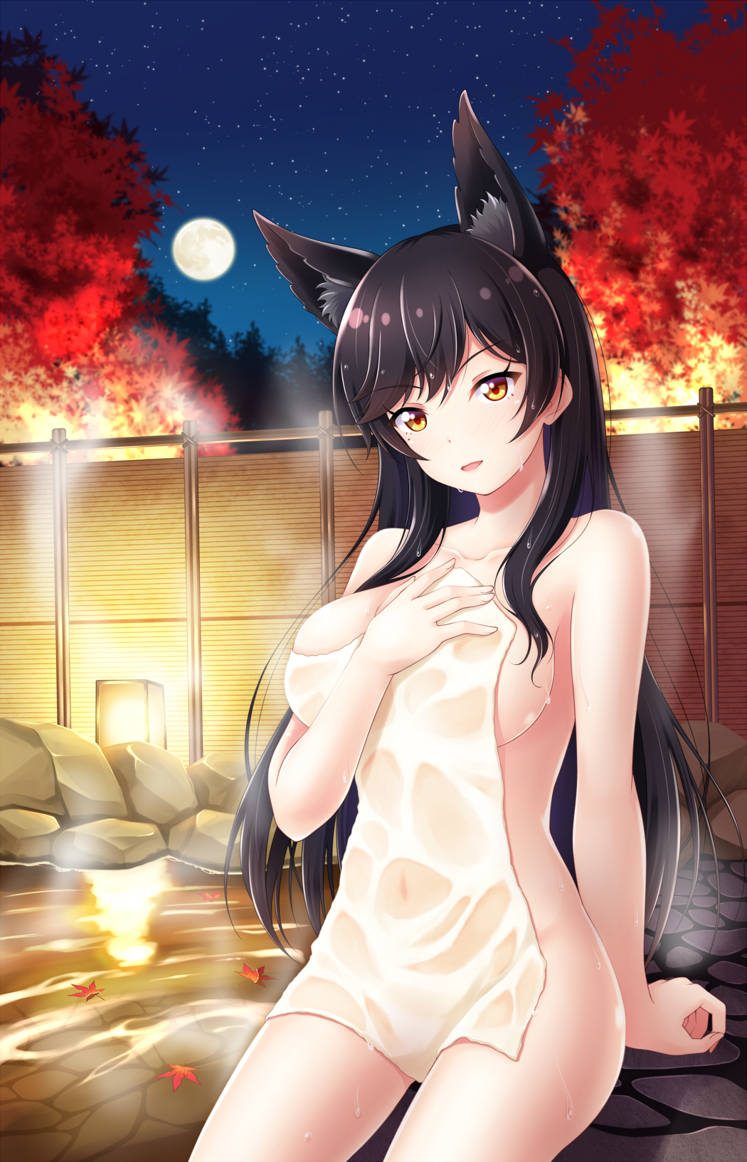 1girl 7nanappe animal_ears atago_(azur_lane) autumn_leaves azur_lane bangs black_hair blurry blurry_background blush breasts brown_eyes collarbone commentary_request covered_navel covering depth_of_field extra_ears eyebrows_visible_through_hair fingernails full_moon head_tilt highres large_breasts long_hair looking_at_viewer mole mole_under_eye moon night night_sky nude_cover onsen outdoors parted_lips rock see-through sitting sky smile solo star_(sky) starry_sky towel very_long_hair water wet wet_towel