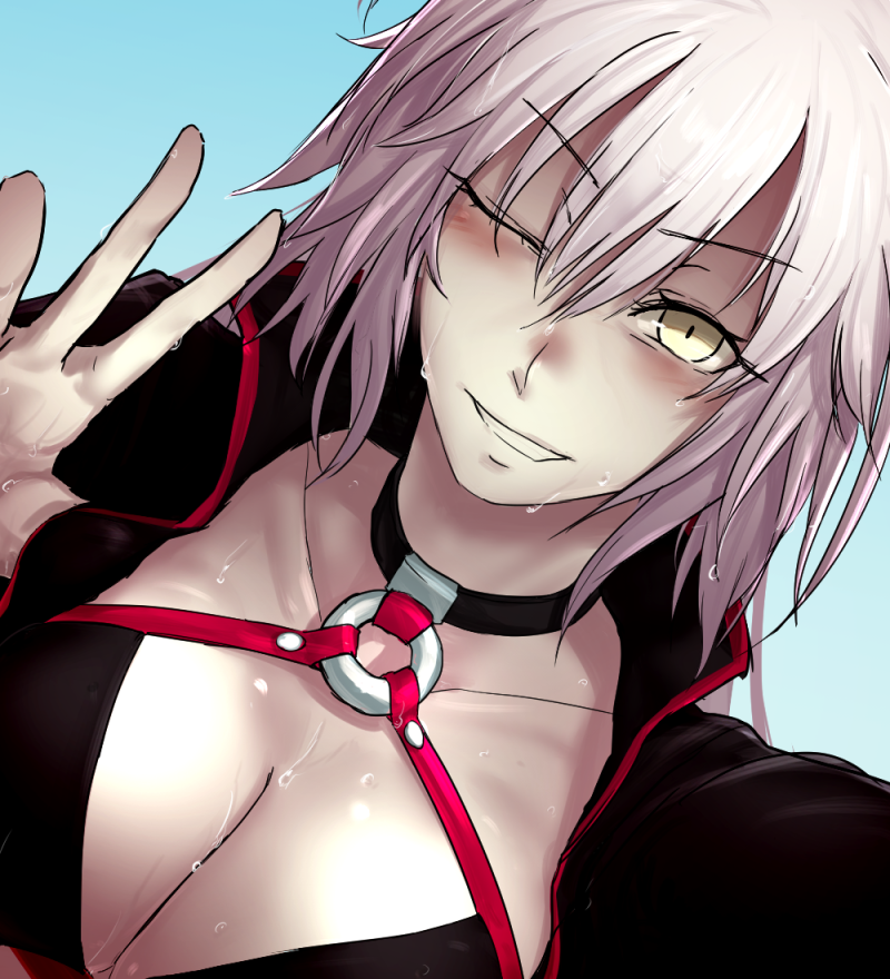 1girl bikini black_bikini black_choker black_jacket blue_background blush breasts choker cleavage commentary_request dutch_angle fate/grand_order fate_(series) hair_between_eyes hand_up i-pan jacket jeanne_d'arc_(alter_swimsuit_berserker) large_breasts long_hair looking_at_viewer o-ring o-ring_bikini open_clothes open_jacket smile solo swimsuit wet white_hair white_skin yellow_eyes
