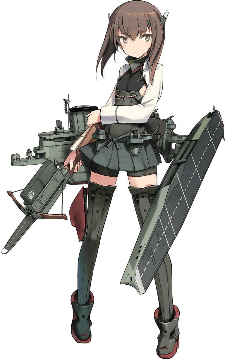 1girl armor bike_shorts bow_(weapon) brown_eyes brown_hair crossbow flat_chest flight_deck full_body hair_between_eyes headgear highres kantai_collection miniskirt official_art pleated_skirt remodel_(kantai_collection) shimada_fumikane short_shorts shorts skirt smile solo taihou_(kantai_collection) thigh-highs transparent_background weapon