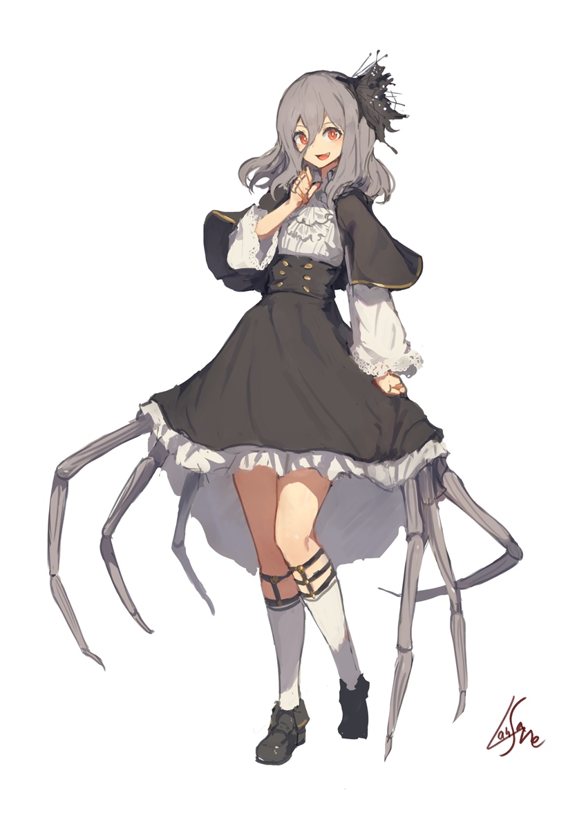 1girl :d black_capelet black_footwear black_skirt capelet contrapposto enira_rosebalsam extra_legs full_body grey_hair hair_between_eyes hair_ornament hand_up high-waist_skirt highres insect_girl lansane long_sleeves looking_at_viewer medium_hair monster_girl open_mouth original red_eyes shoes signature simple_background skirt smile socks solo spider_girl standing white_background white_legwear