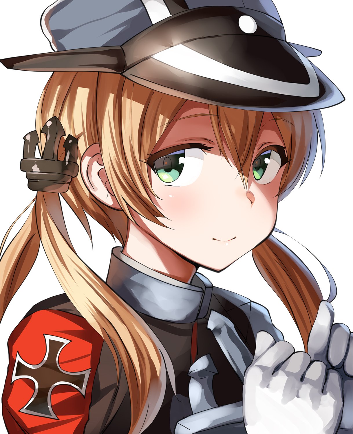 1girl anchor_hair_ornament bangs blonde_hair blush breasts clenched_hands closed_mouth commentary_request eyebrows_visible_through_hair gloves green_eyes hair_between_eyes hair_ornament hands_up hat highres kantai_collection large_breasts lolicept long_hair looking_at_viewer low_twintails military military_uniform peaked_cap prinz_eugen_(kantai_collection) sidelocks simple_background smile solo twintails uniform upper_body white_background white_gloves