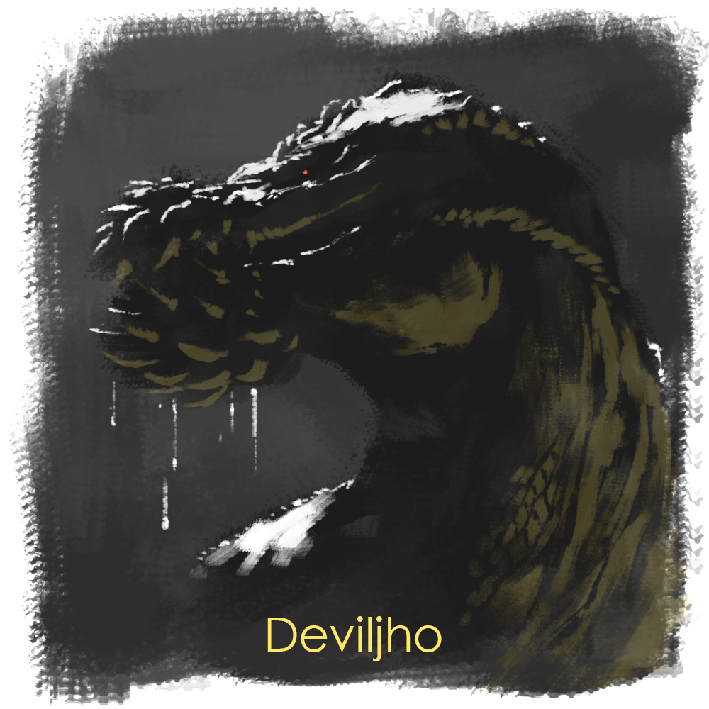 character_name deviljho dinosaur dragon dripping drooling face glowing glowing_eyes looking_afar monster_hunter no_humans profile red_eyes solo spikes tony_(gxxr5837) twisted_neck