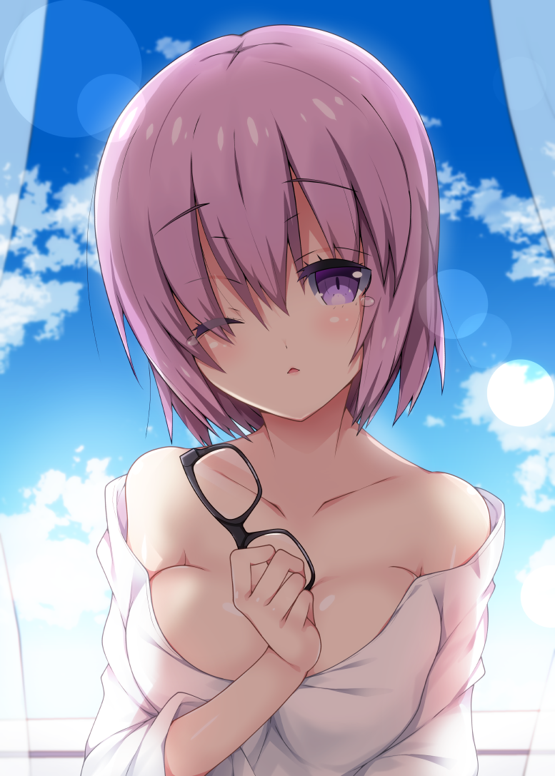 1girl ;&lt; bangs bare_shoulders black-framed_eyewear black_shirt blue_sky blush breasts clouds collarbone commentary_request curtains day eyebrows_visible_through_hair eyewear_removed fate/grand_order fate_(series) hair_between_eyes hair_over_one_eye hand_up head_tilt holding holding_eyewear indoors large_breasts long_sleeves looking_at_viewer mash_kyrielight milkpanda off_shoulder parted_lips purple_hair shirt short_hair sky solo tears transparent triangle_mouth violet_eyes