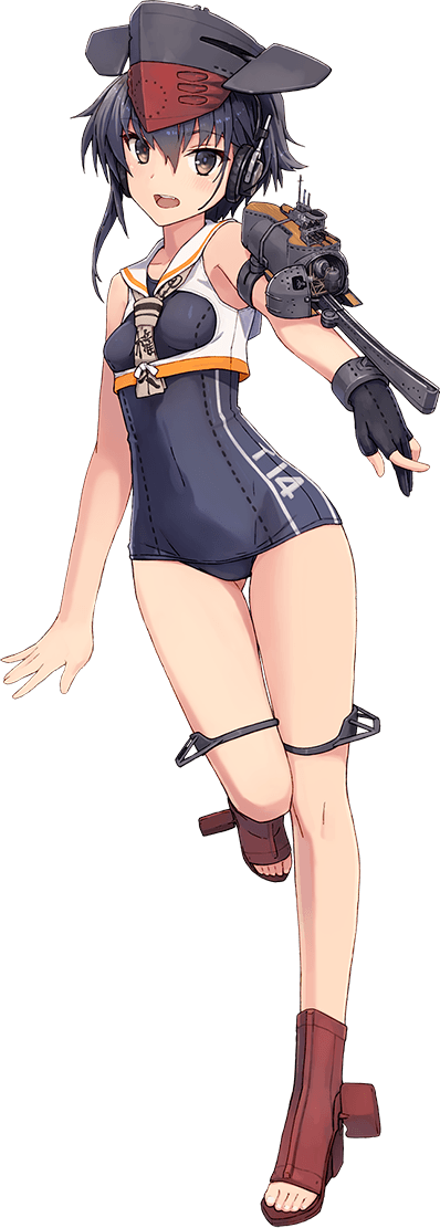 1girl black_hair breasts fingerless_gloves framed_breasts full_body gloves hat headphones i-14_(kantai_collection) kantai_collection machinery official_art sandals school_swimsuit shizuma_yoshinori short_hair small_breasts solo swimsuit thigh_gap transparent_background
