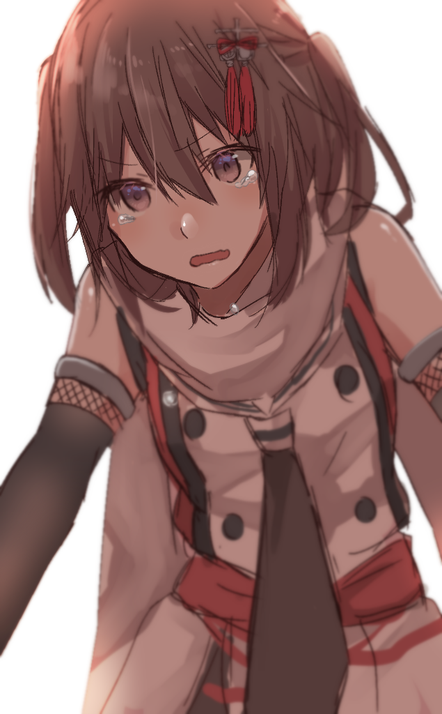 1girl bare_shoulders black_gloves black_neckwear brown_eyes brown_hair elbow_gloves eyebrows_visible_through_hair gloves hair_between_eyes kantai_collection looking_at_viewer necktie open_mouth rinto_(rint_rnt) scarf sendai_(kantai_collection) short_hair simple_background skirt solo standing tassel tears two_side_up vest white_background white_scarf