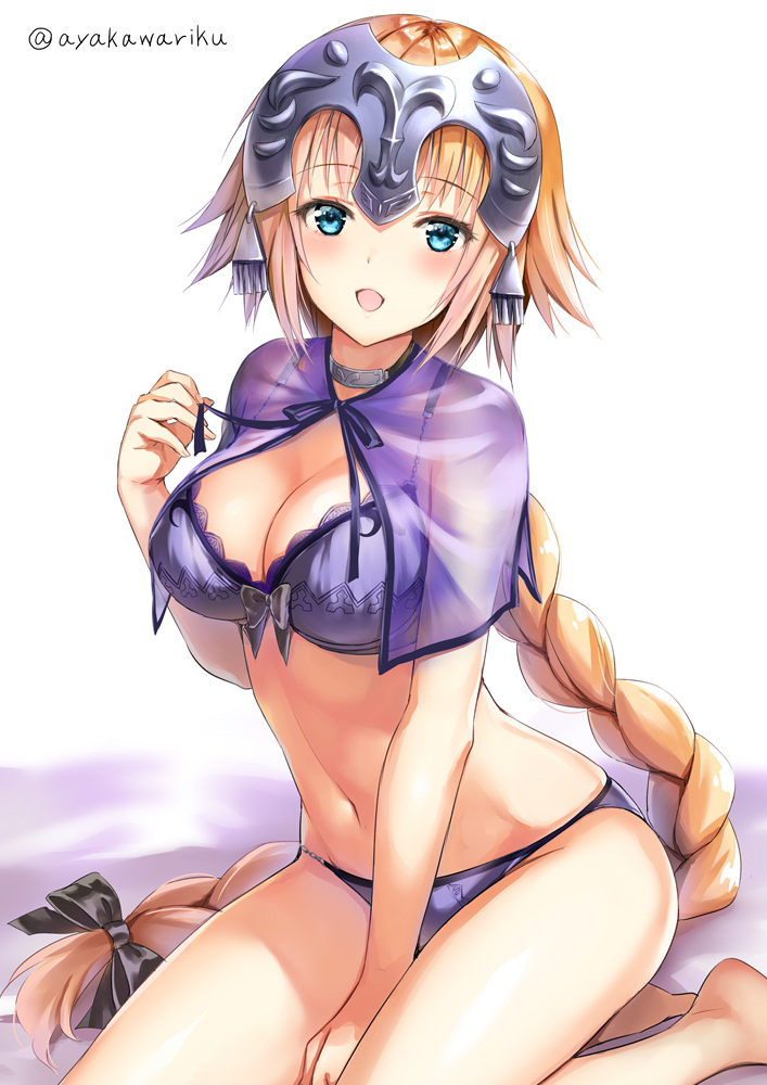 1girl :d ayakawa_riku bangs barefoot bed_sheet between_legs black_bow blonde_hair blue_bra blue_eyes blue_panties blue_ribbon blush bow bra braid breasts capelet choker cleavage eyebrows_visible_through_hair fate/apocrypha fate_(series) hair_bow hand_between_legs headpiece jeanne_d'arc_(fate) jeanne_d'arc_(fate)_(all) long_hair looking_at_viewer medium_breasts navel open_mouth panties ribbon shiny shiny_hair simple_background single_braid sitting smile solo twitter_username underwear underwear_only very_long_hair white_background yokozuwari