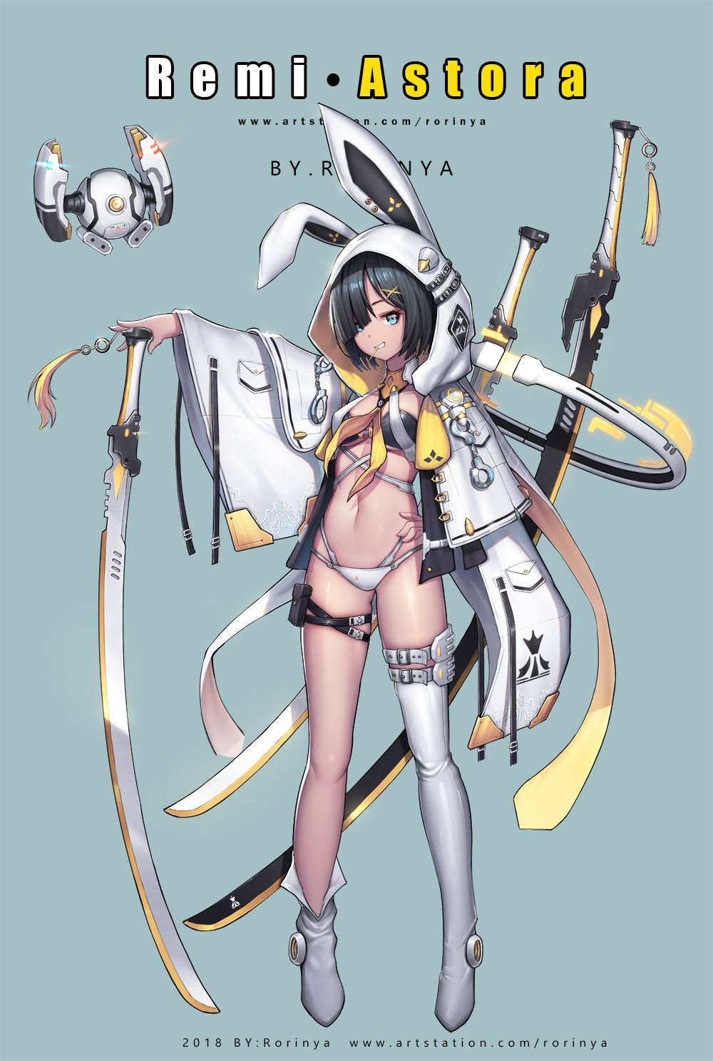 1girl animal_ears animal_hood artist_name asymmetrical_footwear bangs bikini black_bikini_top black_hair blue_eyes breasts bunny_hood commentary_request full_body glowing gluteal_fold green_background grin hair_ornament hair_over_one_eye hand_on_hilt hand_on_hip head_tilt highres hood hood_up hooded_jacket jacket looking_at_viewer mouth_hold navel open_clothes open_jacket original rabbit_ears robot rorinya short_hair simple_background single_thigh_boot small_breasts smile solo standing swimsuit sword watermark weapon web_address white_bikini_top white_footwear white_jacket white_legwear x_hair_ornament