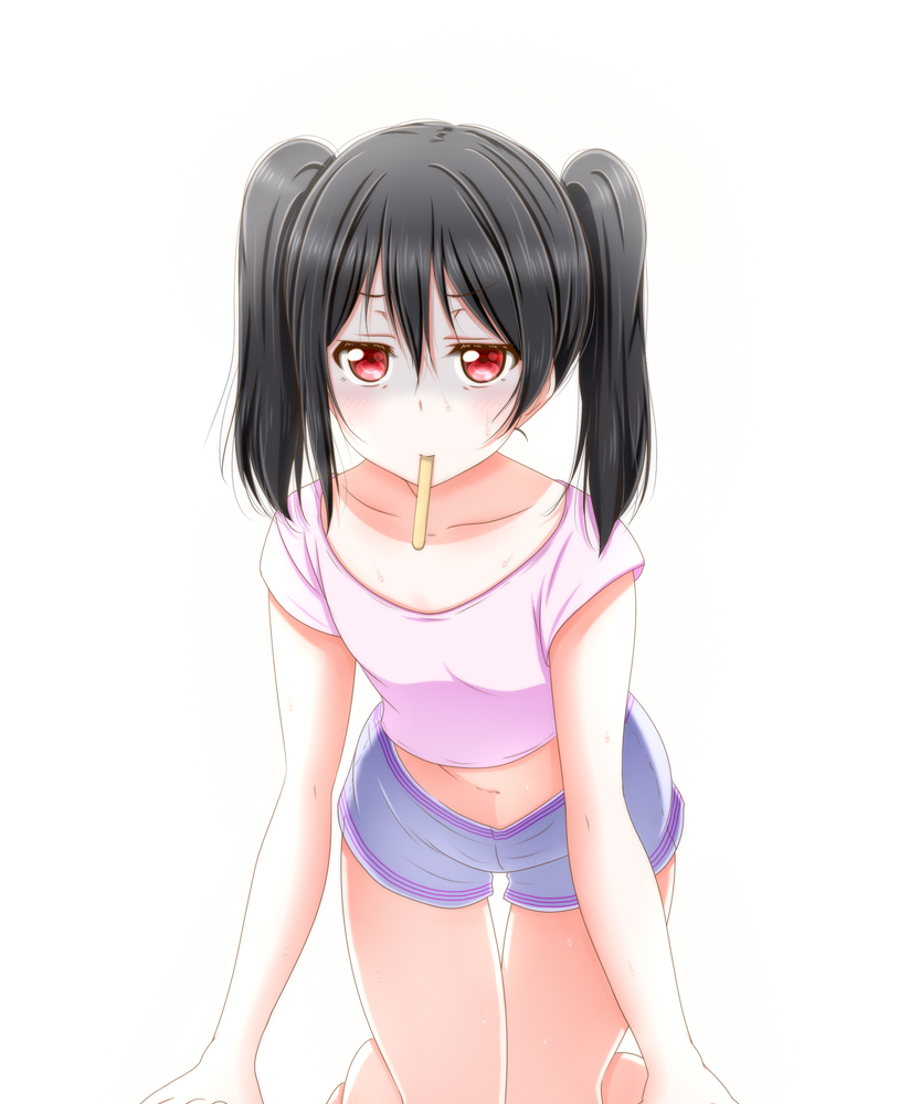 1girl all_fours barefoot black_hair blue_shorts collarbone crop_top flat_chest hair_between_eyes long_hair looking_at_viewer love_live! love_live!_school_idol_project midriff mouth_hold navel pink_shirt red_eyes roaru_(gyuren) shirt short_shorts shorts simple_background sleeveless sleeveless_shirt solo stomach sweat thigh_gap twintails white_background yazawa_nico