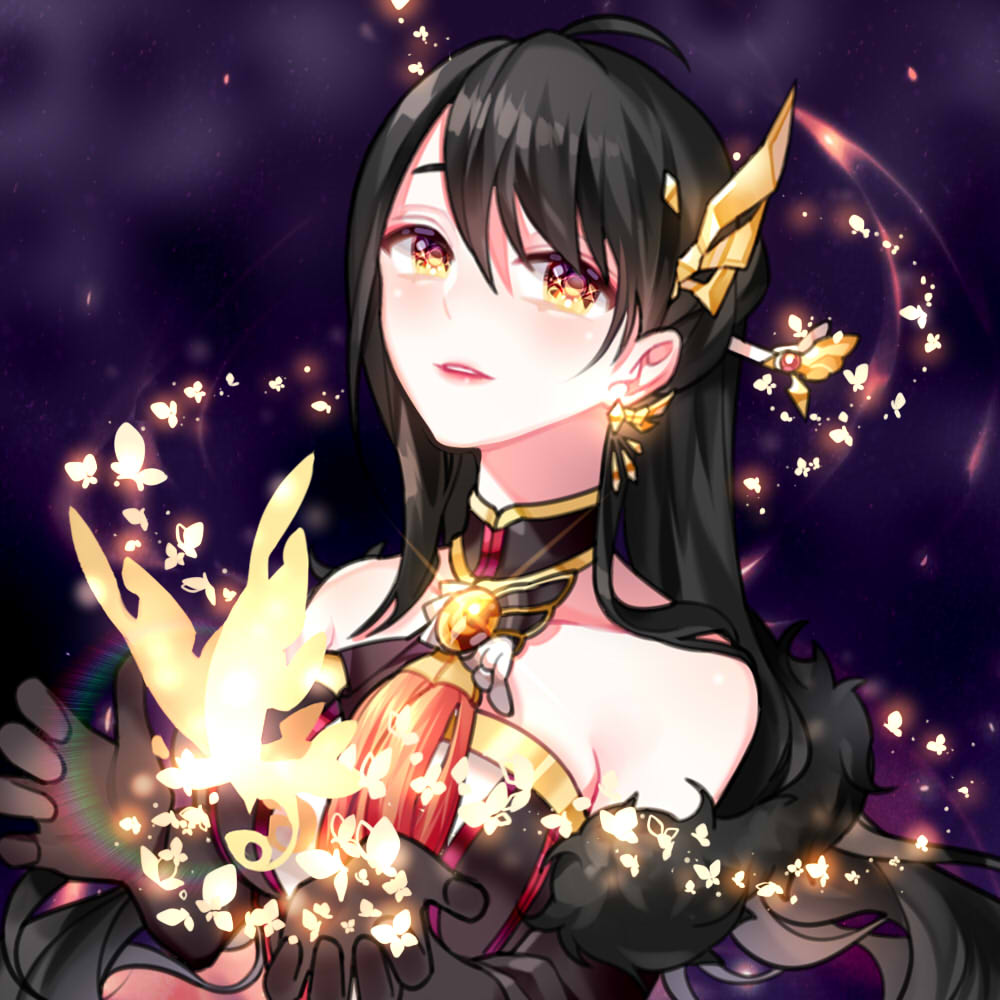 1girl ara_han black_gloves black_hair choker chuki_(lydia) collarbone earrings elbow_gloves elsword floating_hair gloves hair_between_eyes hair_ornament jewelry long_hair parted_lips red_lips solo strapless upper_body very_long_hair yellow_eyes