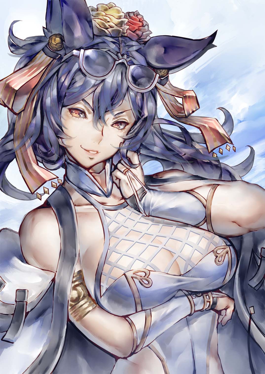 1girl animal_ears armlet bare_shoulders black_hair blue_sky breasts bridal_gauntlets cleavage commentary_request day erune eyewear_on_head granblue_fantasy hair_ribbon hand_up highres ilsa jewelry large_breasts long_hair looking_at_viewer outdoors parted_lips red_eyes red_ribbon ribbon ring semi-rimless_eyewear shimashima_(simasima_23) sky smile solo sunglasses under-rim_eyewear upper_body