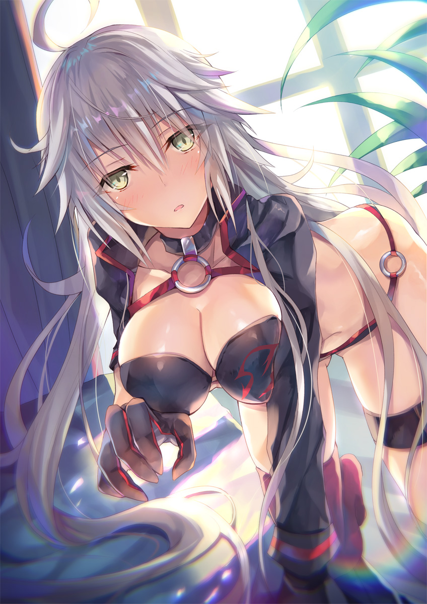 1girl ahoge all_fours asymmetrical_clothes bikini black_bikini black_jacket blush breasts choker cleavage commentary_request cropped_jacket dutch_angle eyebrows_visible_through_hair fate/grand_order fate_(series) hair_between_eyes highres hinot jacket jeanne_d'arc_(alter)_(fate) jeanne_d'arc_(alter_swimsuit_berserker) jeanne_d'arc_(fate)_(all) large_breasts long_hair looking_at_viewer o-ring o-ring_bikini open_mouth red_legwear shiny shiny_skin single_thighhigh solo swimsuit thigh-highs very_long_hair yellow_eyes