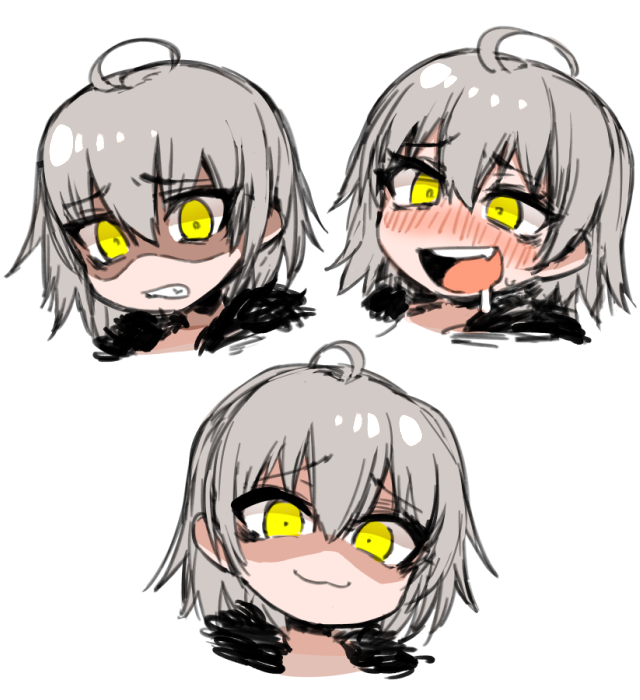 1girl :3 :d ahoge blush chibi commentary disgust drooling english_commentary expressions eyebrows_visible_through_hair fang fate/grand_order fate_(series) fur_trim grey_hair hair_between_eyes j.k. jeanne_d'arc_(alter)_(fate) jeanne_d'arc_(fate)_(all) looking_at_viewer multiple_views nose_blush open_mouth shaded_face short_hair simple_background smile smug sweatdrop white_background yellow_eyes