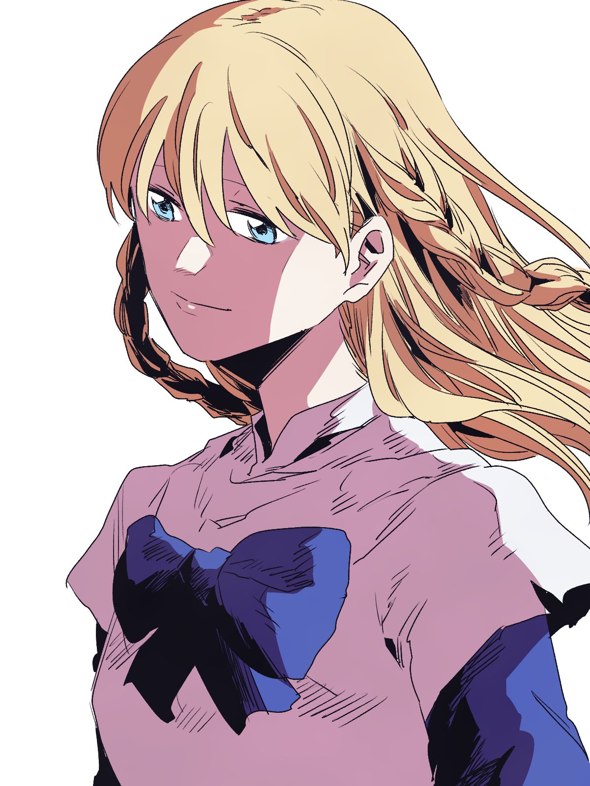 1girl bangs blonde_hair blue_bow blue_eyes blue_sleeves bow braid floating_hair highres hwan_daeng long_hair looking_to_the_side shirt simple_background smile solo tales_weaver tichiel_juspian twin_braids upper_body white_background white_shirt