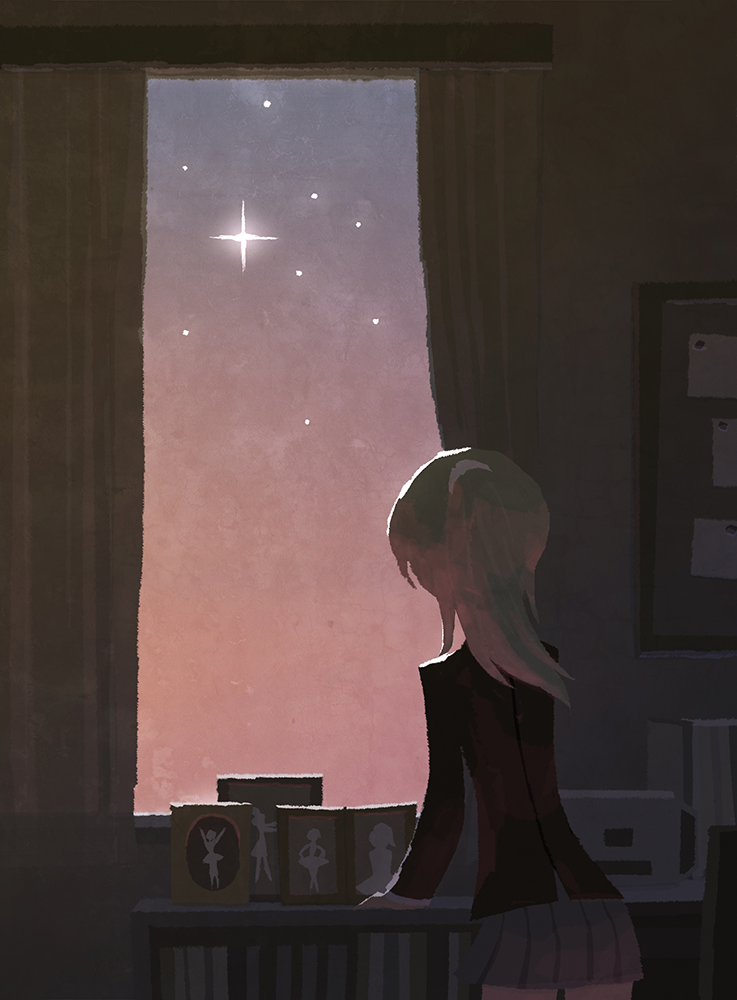 1girl ayase_eli backlighting ballerina bedroom blazer blonde_hair blue_skirt bookshelf bulletin_board chair curtains dark desk facing_away from_behind gradient_sky hair_ornament hair_scrunchie hyogonosuke indoors jacket long_hair long_sleeves love_live! love_live!_school_idol_project night night_sky otonokizaka_school_uniform photo_(object) picture_frame pleated_skirt ponytail school_uniform scrunchie skirt sky solo star_(sky) sticky_note thumbtack white_scrunchie window