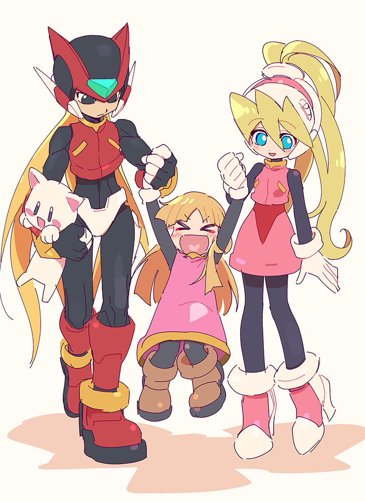 &gt;_&lt; 1boy 2girls alouette_(rockman_zero) android bangs black_eyes blonde_hair blue_eyes blunt_bangs blush blush_stickers brown_footwear cat ciel_(rockman) eyebrows_visible_through_hair full_body gloves hair_between_eyes hand_holding happy helmet high_heels holding jumping kon_(kin219) long_hair multiple_girls open_mouth pink_skirt red_footwear rockman rockman_zero simple_background skirt smile stuffed_animal stuffed_cat stuffed_toy very_long_hair walking white_background white_gloves zero_(rockman)