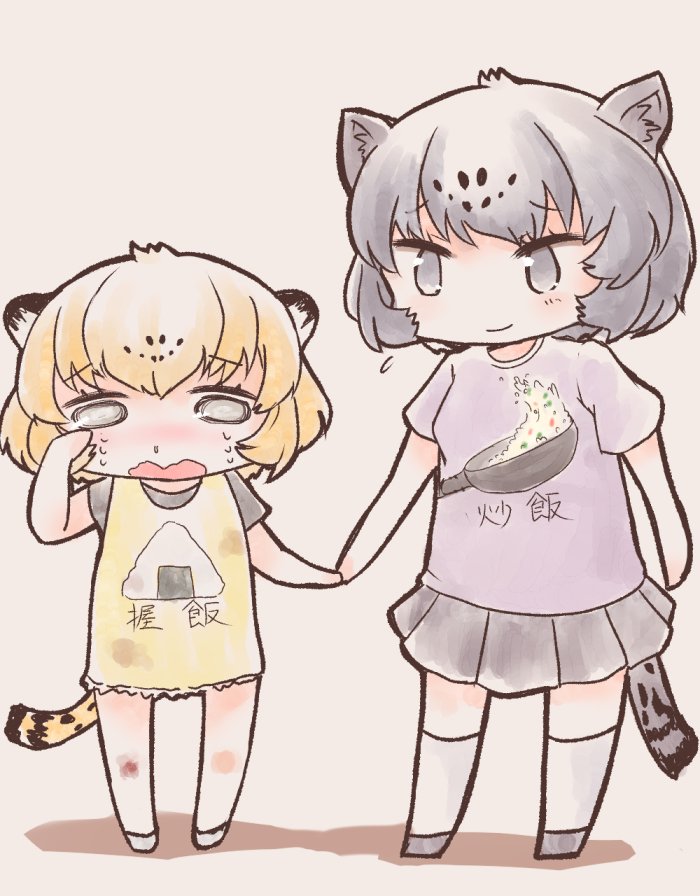 2girls alternate_costume animal_ears black_hair black_jaguar_(kemono_friends) blonde_hair blush child commentary_request dress eyebrows_visible_through_hair flying_sweatdrops frilled_dress frills hand_holding jaguar_(kemono_friends) jaguar_ears jaguar_print jaguar_tail kemono_friends kneehighs multicolored_hair multiple_girls nenkou-san nose_blush pleated_skirt shirt short_hair skirt socks t-shirt tail tears translated wiping_tears younger