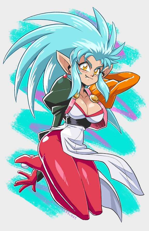 1girl artist_name big_hair blue_hair breasts cleavage cropped_jacket dress earrings fang floating hand_behind_head jazz_pattern jewelry large_breasts large_ears leggings legs_folded looking_at_viewer md5_mismatch mike_luckas multicolored multicolored_clothes pointy_ears ryouko_(tenchi_muyou!) sidelocks smile spiky_hair tenchi_muyou! watermark web_address yellow_eyes