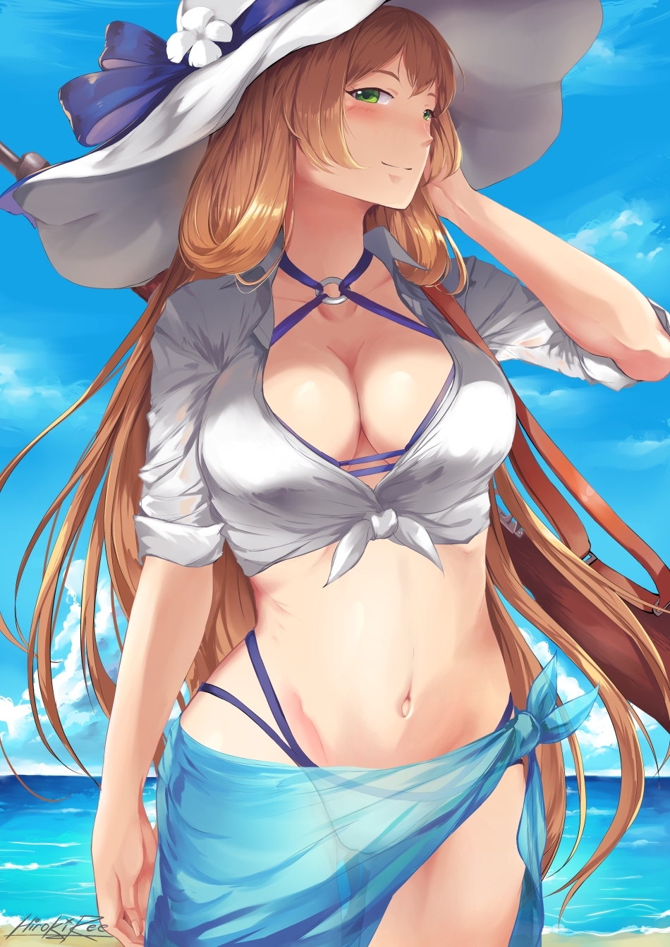 1girl adjusting_hair alternate_costume artist_name bangs beach bikini blue_sarong blue_sky blush bolt_action breasts brown_hair cleavage clouds collarbone cowboy_shot dya eyebrows_visible_through_hair girls_frontline green_eyes groin gun hair_between_eyes hair_rings hat highres hiroki_ree large_breasts long_hair looking_at_viewer m1903_springfield m1903_springfield_(girls_frontline) navel o-ring o-ring_top ocean outdoors rifle sand sarong see-through shirt sidelocks signature sky smile solo standing stomach summer sun_hat swimsuit thighs tied_shirt water weapon weapon_on_back white_shirt