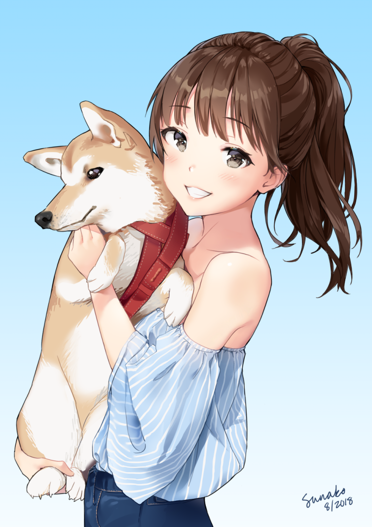 1girl animal artist_name bangs bare_shoulders black_eyes blue_shirt brown_hair dated denim dog grin holding holding_animal long_hair looking_at_viewer off-shoulder_shirt original ponytail shirt smile solo striped striped_shirt sunako_(veera) vertical-striped_shirt vertical_stripes welsh_corgi