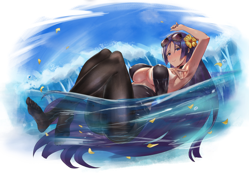 1girl arm_up armpits ass bangs blush breasts closed_mouth eyewear_on_head fate/grand_order fate_(series) feet flower hair_between_eyes hair_flower hair_ornament halter_top halterneck kakumayu large_breasts legs long_hair looking_at_viewer minamoto_no_raikou_(fate/grand_order) pantyhose parted_bangs purple_hair smile solo sunglasses tan thighband_pantyhose thighs under_boob very_long_hair violet_eyes