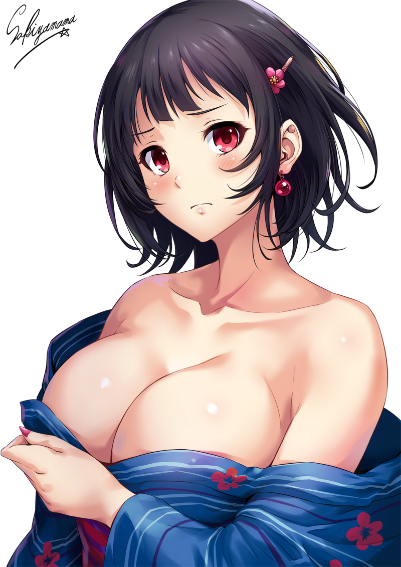 1girl artist_name bare_shoulders black_hair blue_kimono blush breasts cleavage collarbone covering covering_breasts earrings floral_print frown hair_ornament hairclip japanese_clothes jewelry kantai_collection kimono large_breasts lips looking_at_viewer nail_polish obi open_clothes open_kimono open_mouth purple_nails red_earrings red_eyes sakiyamama sash short_hair simple_background solo takao_(kantai_collection) upper_body white_background wide_sleeves