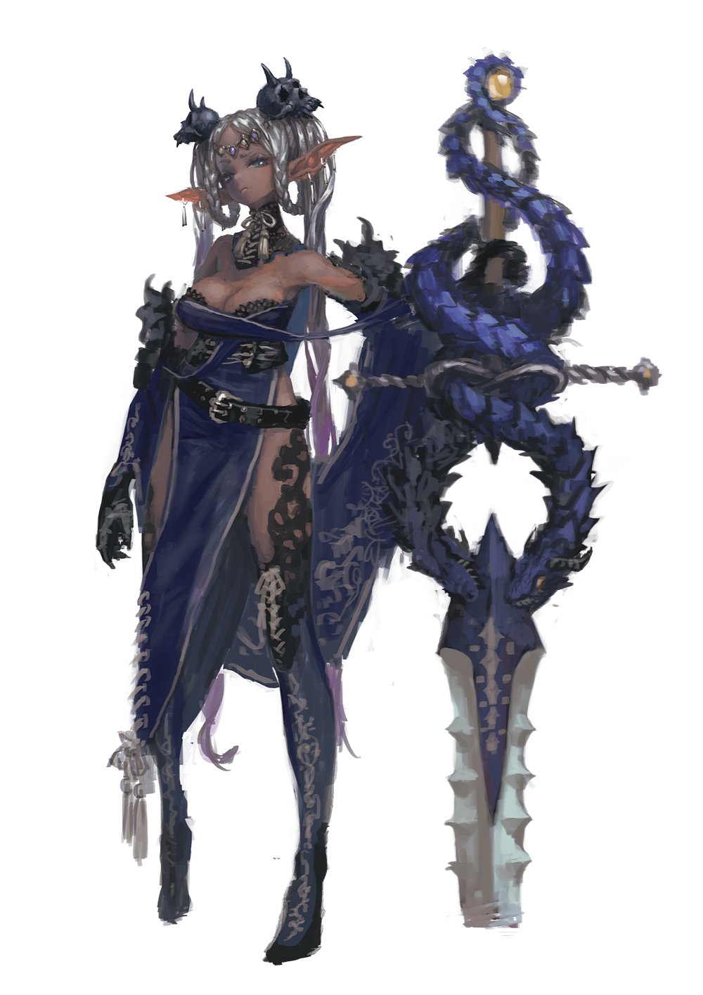 1girl bare_shoulders black_footwear blue_dress boots breasts claws cleavage dark_elf dark_skin detached_collar dress elf gauntlets grey_eyes grey_hair highres holding holding_sword holding_weapon jon_taira large_breasts long_hair looking_at_viewer original pelvic_curtain planted_sword planted_weapon pointy_ears simple_background skull solo standing sword thigh-highs thigh_boots very_long_hair weapon white_background