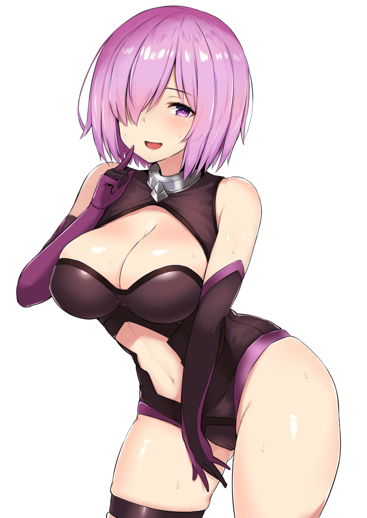 1girl bare_shoulders black_gloves black_legwear black_leotard breasts cleavage cleavage_cutout curvy elbow_gloves fate/grand_order fate_(series) gloves hair_over_one_eye large_breasts lavender_hair leotard looking_at_viewer mash_kyrielight mitsukazu_(nijigen_complex) navel navel_cutout plump purple_gloves short_hair skindentation smile solo thigh-highs violet_eyes