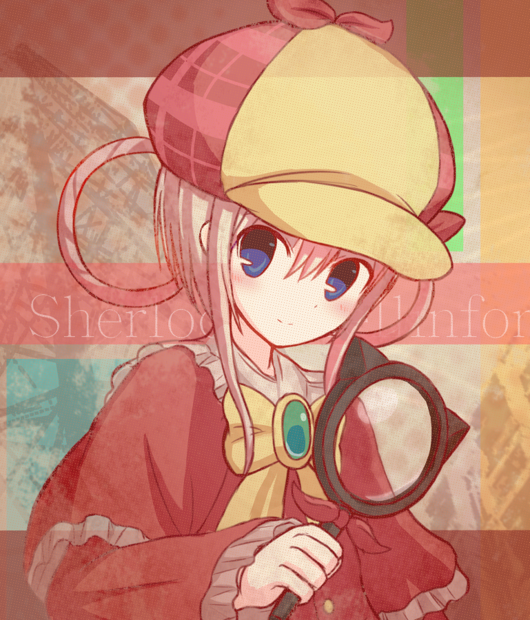 1girl blue_eyes blush bow capelet deerstalker detective green_eyes hair_between_eyes hair_rings hat holding holding_magnifying_glass looking_to_the_side magnifying_glass pink_hair portrait red_capelet ribbon sherlock_shellingford sidelocks solo suta_(clusta) tantei_opera_milky_holmes yellow_bow yellow_neckwear