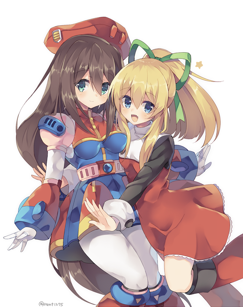 2girls android bangs beret blonde_hair blue_eyes blush breasts brown_hair capcom closed_mouth dress eyebrows_visible_through_hair gloves green_eyes green_ribbon hair_between_eyes hair_ornament hair_ribbon happy hat high_ponytail iris_(rockman_x) leg_up legs_together long_hair looking_at_viewer low-tied_long_hair military_hat multiple_girls open_mouth ponytail red_dress red_hat rento_(rukeai) ribbon rockman rockman_(classic) rockman_8 rockman_x rockman_x4 sidelocks simple_background smile very_long_hair white_background white_gloves