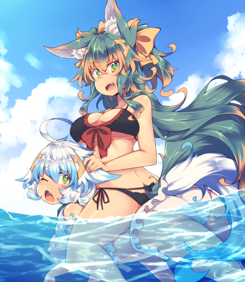 2girls animal_ears bikini black_bikini blue_sky breasts brown_hair cleavage clouds day eyebrows_visible_through_hair fang frilled_bikini frills gradient_hair green_eyes kuromiya kuromiya_raika large_breasts long_hair looking_at_viewer multicolored_hair multiple_girls one_eye_closed open_mouth original partially_submerged pony_play shiromiya_asuka short_hair side-tie_bikini sitting sitting_on_person sky swimming swimsuit tail two-tone_hair very_long_hair white_bikini white_hair