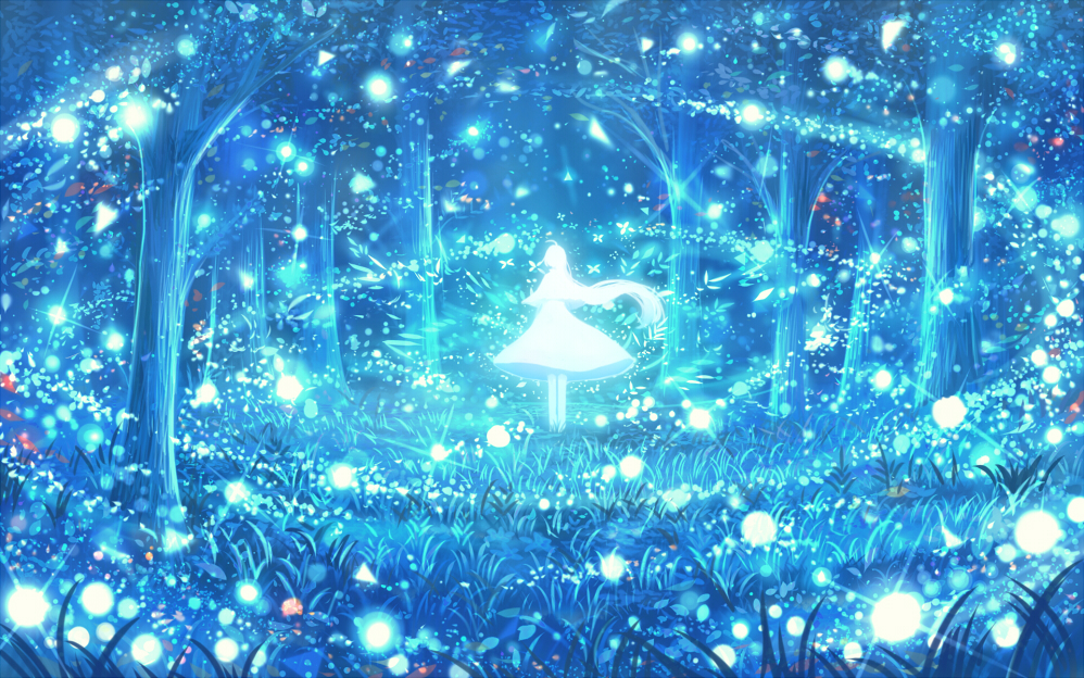 1girl ahoge capelet dress fantasy flower forest from_behind grass light_particles long_hair magic nature original sakimori_(hououbds) scenery silhouette solo tree wind