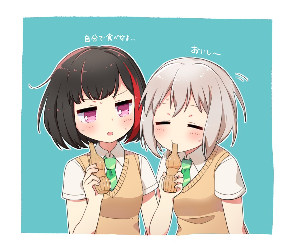 2girls :o aoba_moka arms_up bang_dream! bangs bd_ayknn blonde_hair closed_eyes collared_shirt commentary_request eyebrows_visible_through_hair female green_neckwear grey_hair hair_between_eyes highlights looking_at_another looking_to_the_side mitake_ran motion_lines multicolored_hair multiple_girls necktie open_mouth pink_eyes ramune shirt short_hair short_sleeves sketch_eyebrows tan_vest translated white_shirt wing_collar