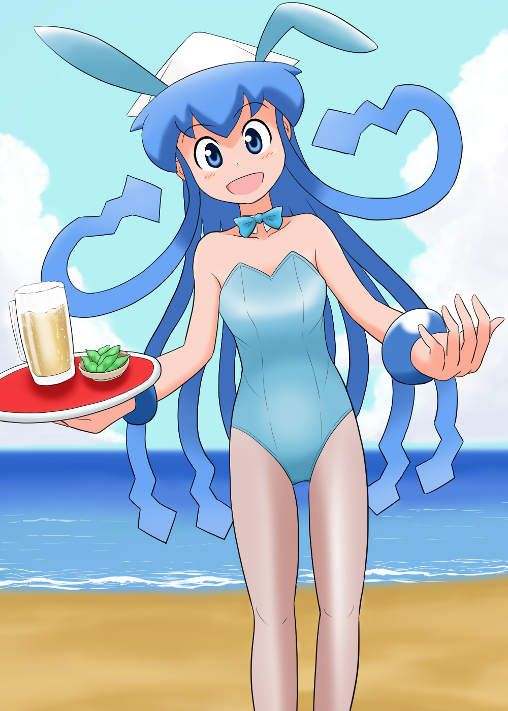 1girl :d alternate_costume animal_ears bangs bare_arms bare_shoulders beach blue_eyes blue_hair blue_leotard blue_neckwear blue_sky blush bow bowtie breasts bunny_day bunny_girl bunnysuit clouds cloudy_sky collarbone commentary_request day detached_collar eyebrows_visible_through_hair fake_animal_ears feet_out_of_frame food_request hands_up hat head_tilt highres holding holding_tray horizon ikamusume leotard long_hair morinaka_hajime ocean open_mouth outdoors pantyhose prehensile_hair rabbit_ears raised_eyebrows reaching_out sheer_legwear shinryaku!_ikamusume sketch_eyebrows skinny sky small_breasts smile solo standing strapless strapless_leotard tareme tentacle_hair thigh_gap tray very_long_hair white_hat wing_collar